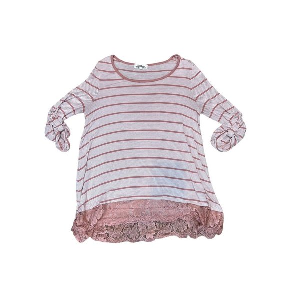 (6 for $25) Hippie Rose Long Sleeve Lace Trim Striped Top Size M - Picture 4 of 5